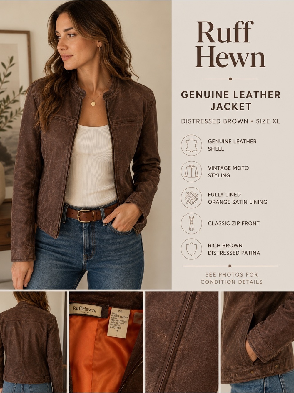 Ruff Hewn Women’s Genuine Leather Distressed Brown Moto Jacket XL